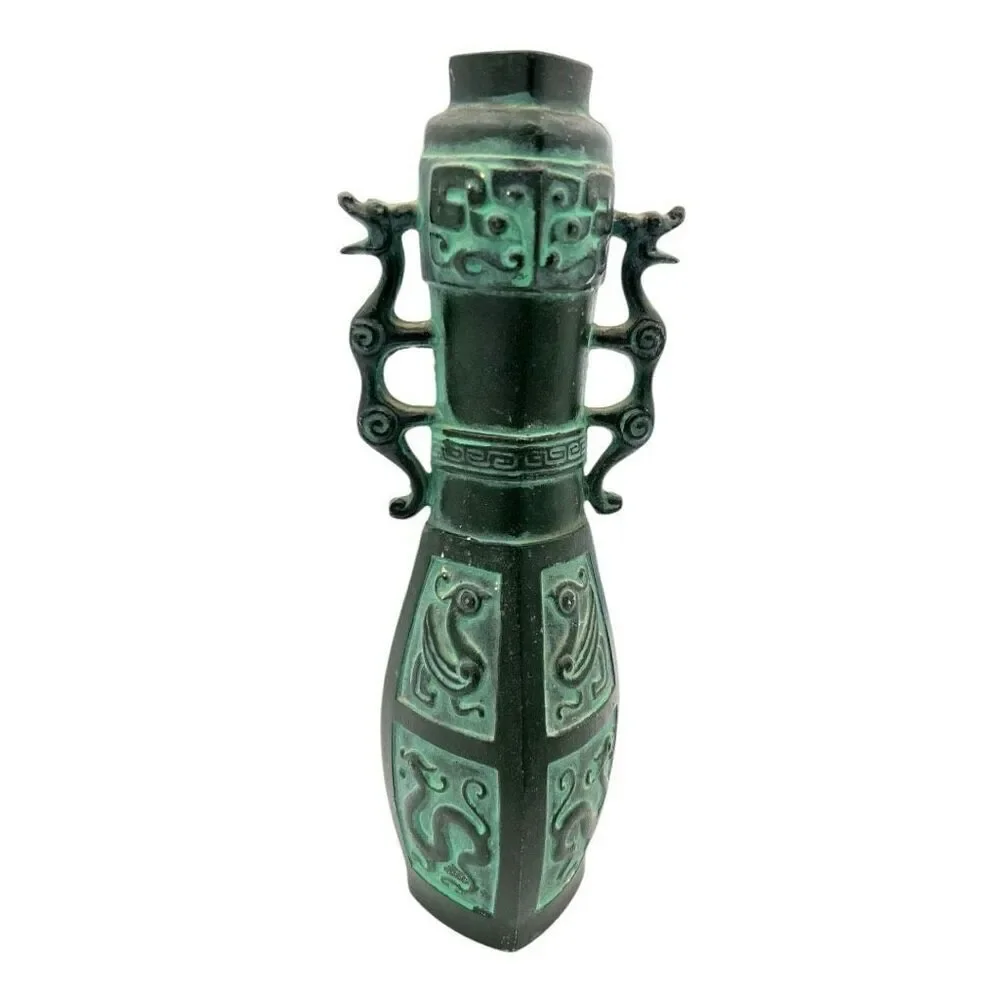 Chinese Vintage Flower Vase Kabin Ikebana Crane Zodiac Dragon Handle Talisman